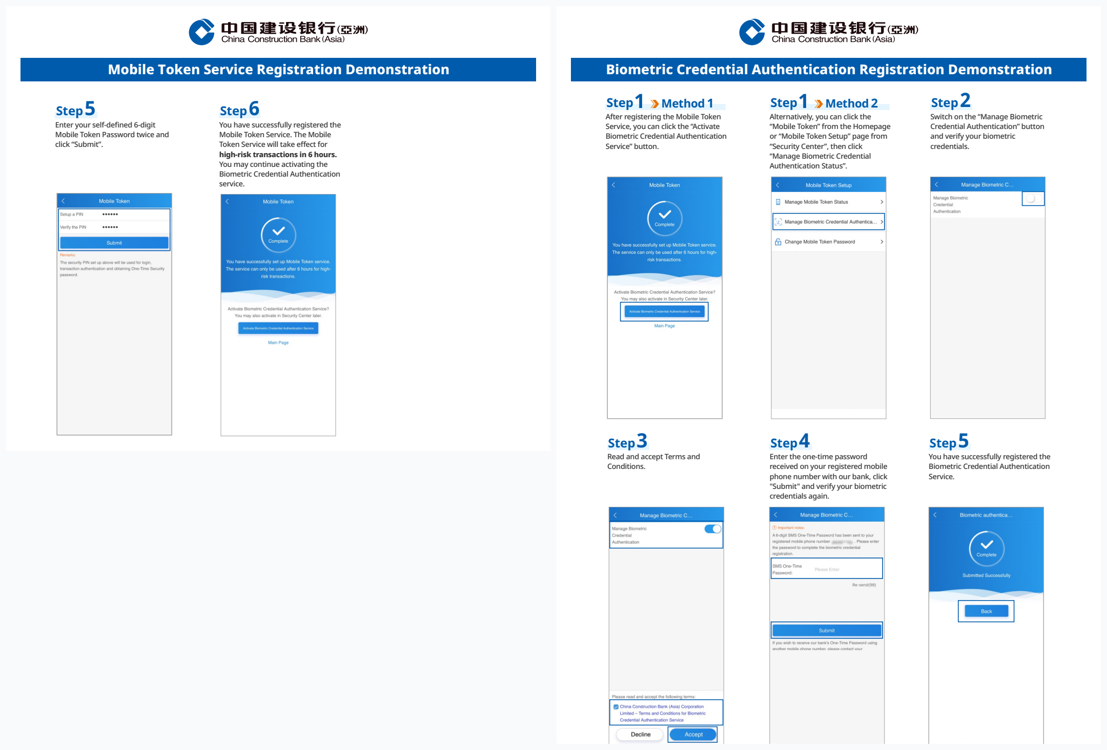 CCB (Asia) Corporate Mobile App: Setting 6-digit PIN, 6-hour security cooling notice, and Biometric Authentication registration